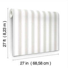 Introducing the Tilford Awning Stripe Wallpaper by York Wallcoverings, featuring vertical gray and white stripes and measuring 27 feet (8.23 m) in length and 27 inches (68.58 cm) in width per roll.