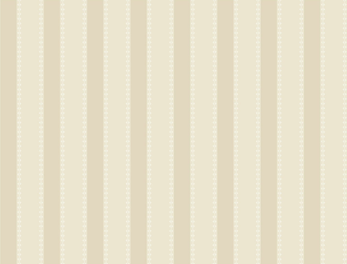 The Tilford Awning Stripe Wallpaper by York Wallcoverings features alternating vertical stripes in light and darker beige shades, with delicate white floral patterns accenting the lighter stripes.