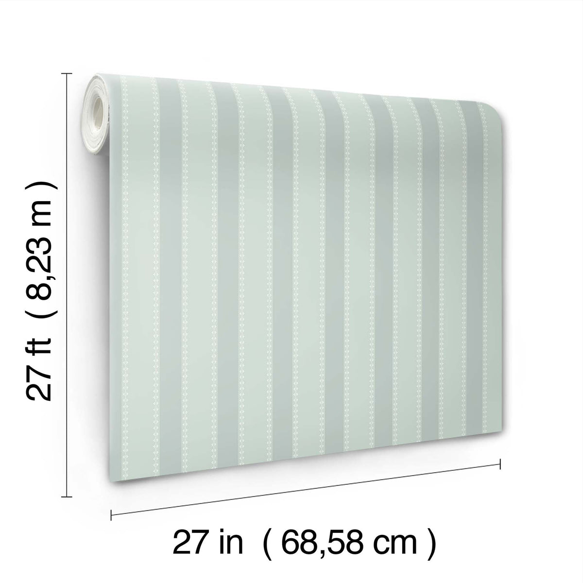 The Tilford Awning Stripe Wallpaper by York Wallcoverings is displayed, featuring light blue wallpaper with vertical white stripes. The roll measures 27 feet (8.23 meters) in length and 27 inches (68.58 centimeters) in width.