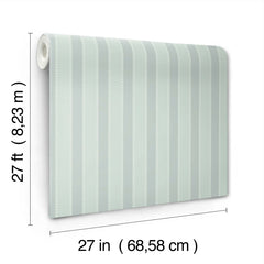 The Tilford Awning Stripe Wallpaper by York Wallcoverings is displayed, featuring light blue wallpaper with vertical white stripes. The roll measures 27 feet (8.23 meters) in length and 27 inches (68.58 centimeters) in width.