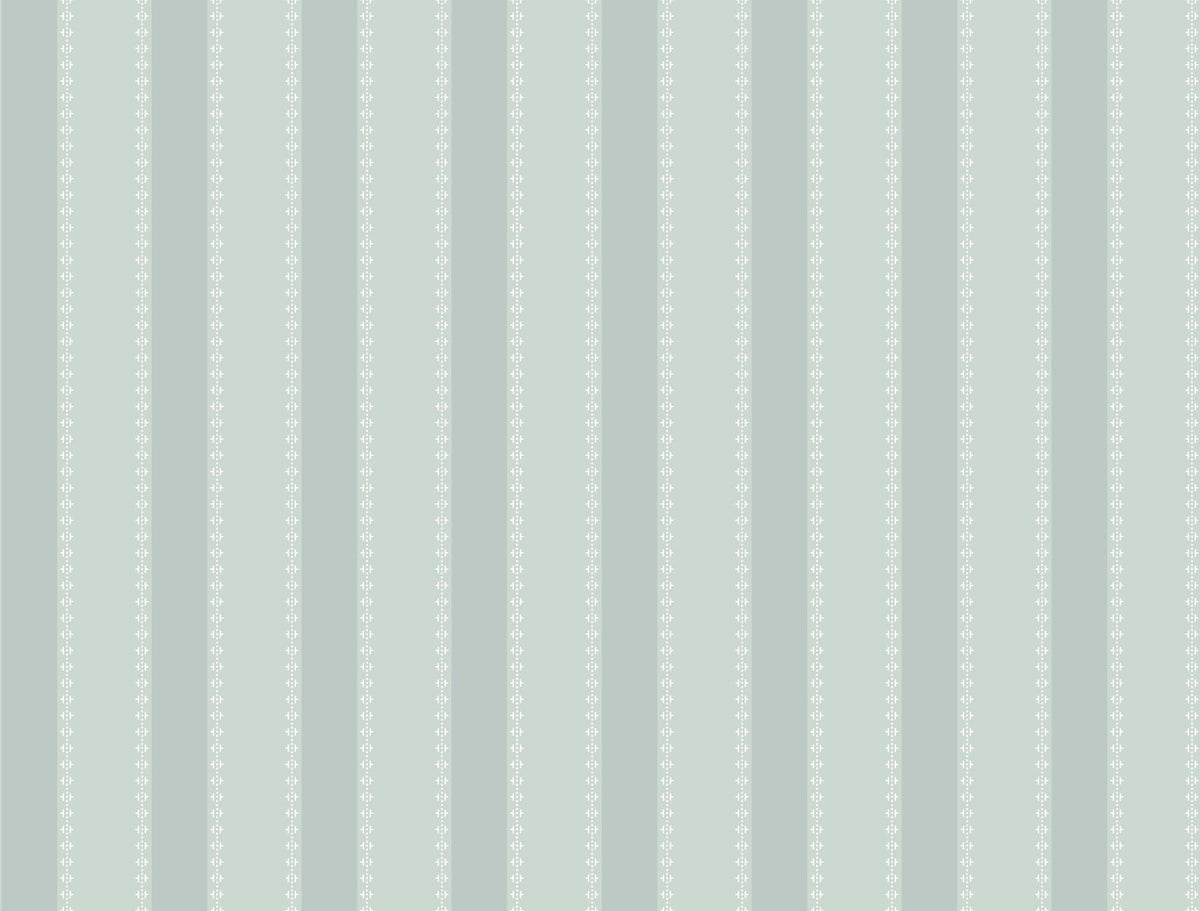 Soft pastel blue and light gray vertical stripes alternate across the Tilford Awning Stripe Wallpaper by York Wallcoverings. Thin white lines adorned with small, evenly spaced floral patterns run down the center of each stripe, giving the design a subtle, vintage wallpaper feel.