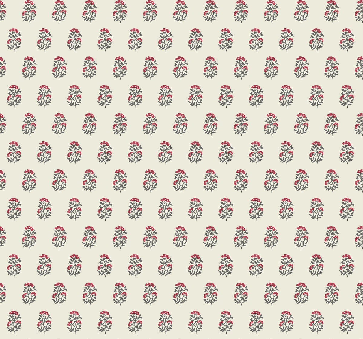 Sylvie Floral Wallpaper by York Wallcoverings features a repeating pattern of small red floral bouquets with green leaves set against a beige background. The flowers are evenly spaced to create a uniform and symmetrical design.