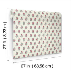 The Sylvie Floral Wallpaper by York Wallcoverings is displayed, featuring a repeating pink and green flower motif. The roll measures 27 feet (8.23 m) in length and 27 inches (68.58 cm) in width, with the dimensions clearly labeled.