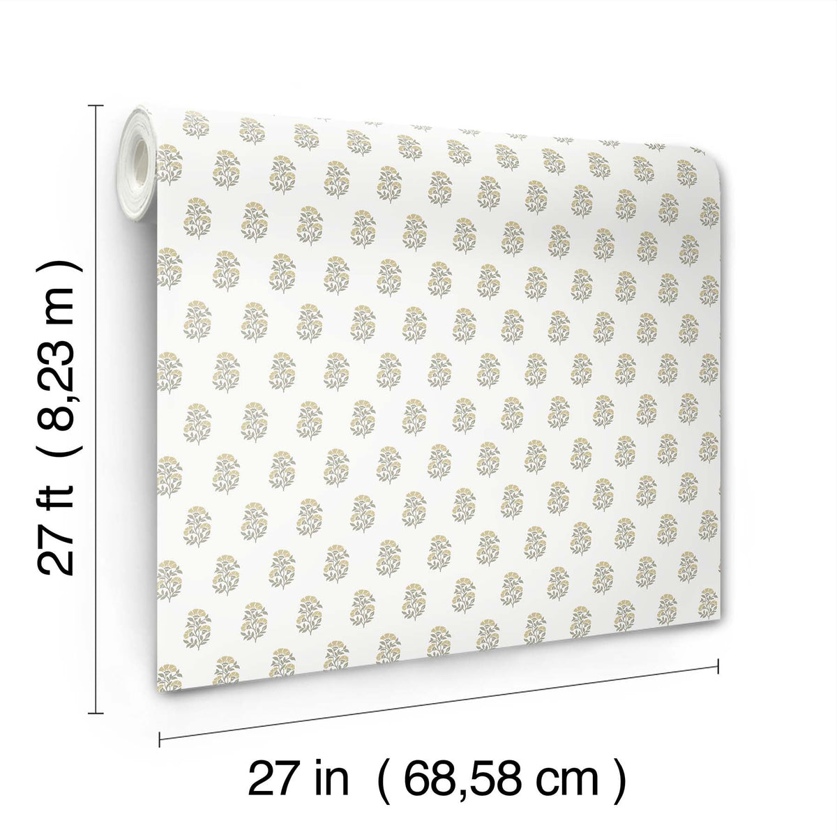 A roll of Sylvie Floral Wallpaper by York Wallcoverings, featuring a small floral pattern and measuring 27 feet (8.23 meters) in length and 27 inches (68.58 cm) in width.