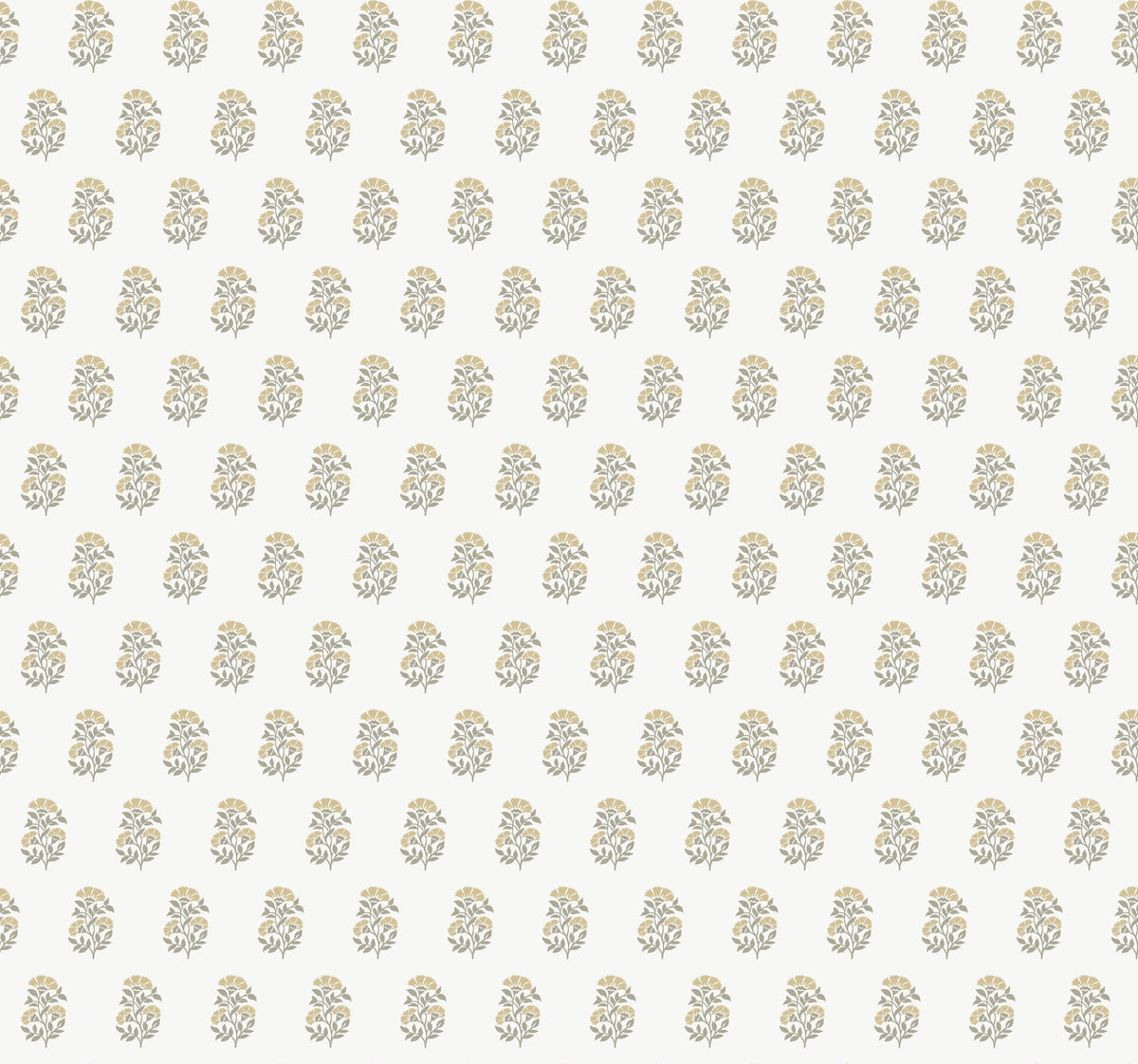 The Sylvie Floral Wallpaper by York Wallcoverings features a repeating pattern of small, stylized yellow and gray floral motifs, evenly arranged in rows and columns on a light beige background.