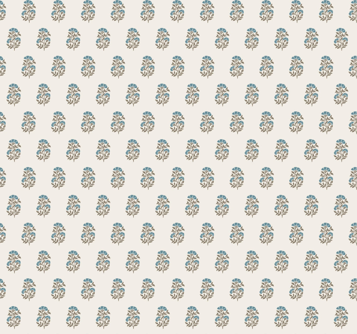 The Sylvie Floral Wallpaper by York Wallcoverings features blue and beige floral motifs in a repeating grid pattern set against a light cream background.