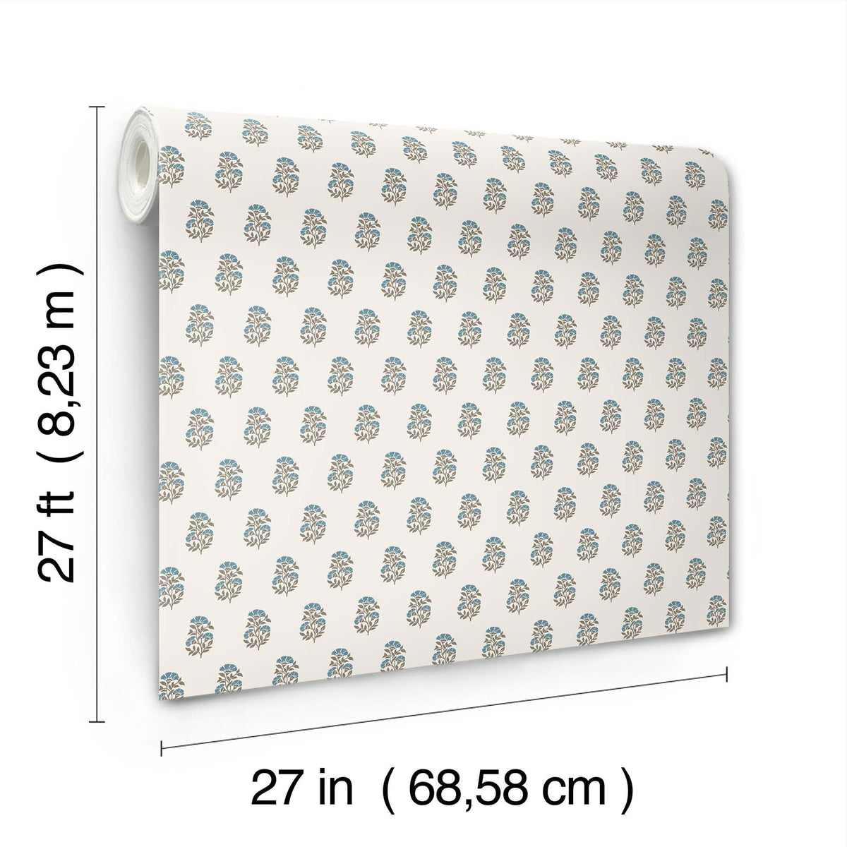 The image features the Sylvie Floral Wallpaper by York Wallcoverings, displaying a small floral pattern. The roll measures 27 feet (8.23 m) in length and 27 inches (68.58 cm) in width.
