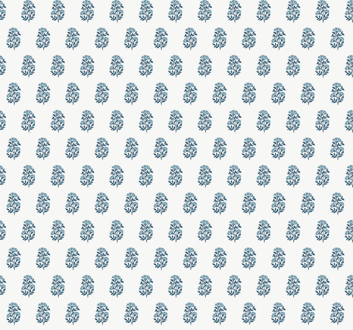 Sylvie Floral Wallpaper by York Wallcoverings features a uniform and symmetrical design of small blue floral motifs, evenly spaced across a crisp white background, creating a classic and decorative look ideal for wallpaper or fabric.