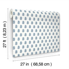 The Sylvie Floral Wallpaper by York Wallcoverings is displayed, featuring a blue floral pattern and measuring 27 feet (8.23 m) long and 27 inches (68.58 cm) wide.