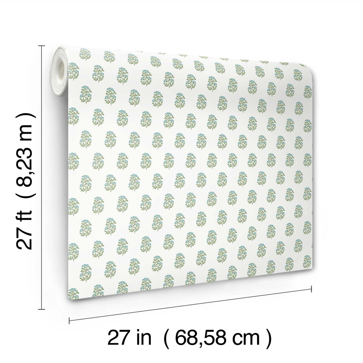 The Sylvie Floral Wallpaper by York Wallcoverings features a small floral pattern and comes in a roll measuring 27 feet (8.23 m) long and 27 inches (68.58 cm) wide.