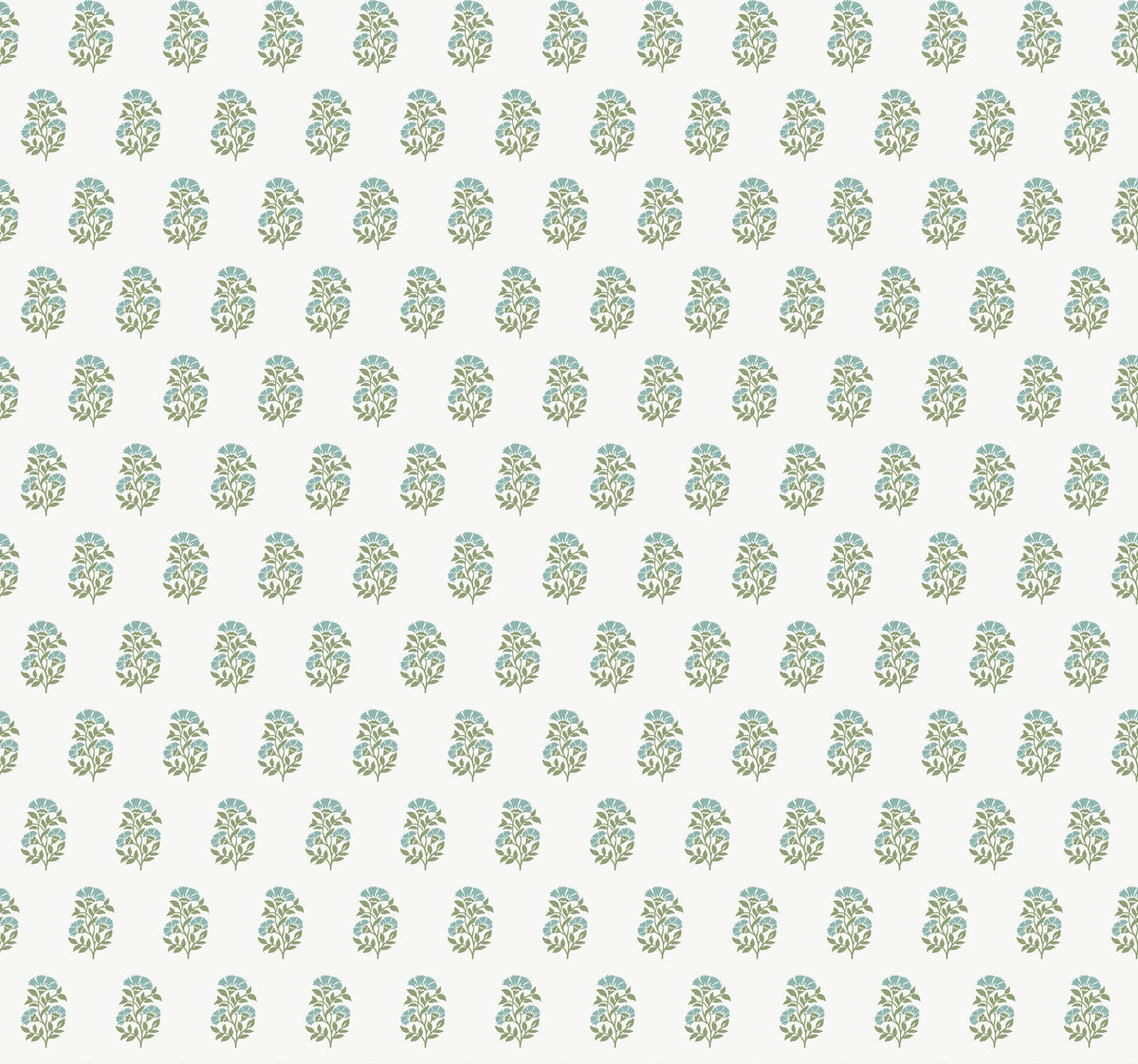 The Sylvie Floral Wallpaper by York Wallcoverings features a repeating pattern of small blue and green floral bouquets, evenly spaced in rows and columns on a light background for a decorative effect.