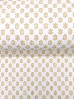 Brioni Floral Stamp Wallpaper by York Wallcoverings features a repeating pattern of small, gold-colored floral designs on a white background.