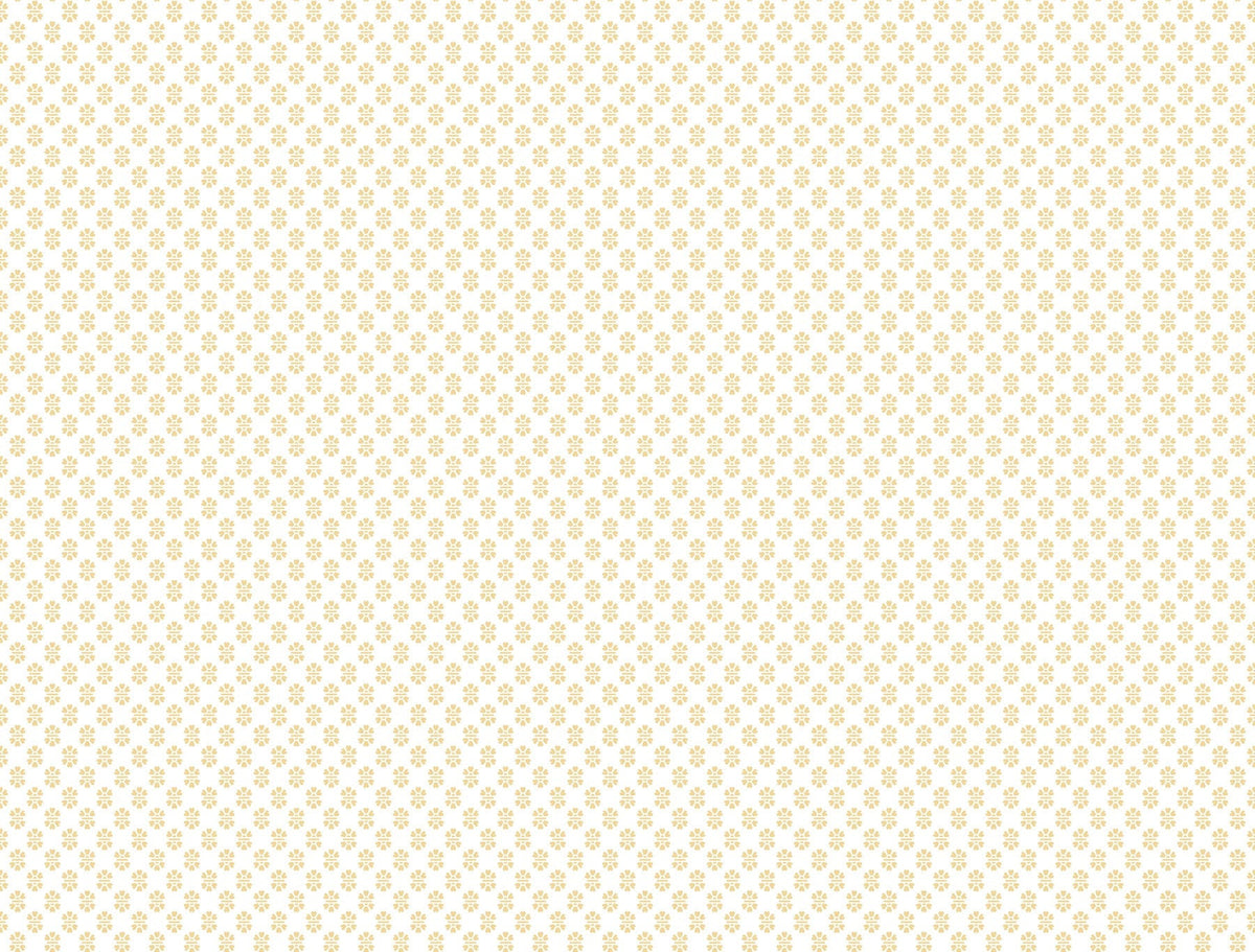 The Brioni Floral Stamp Wallpaper by York Wallcoverings features a repeating pattern of small gold floral motifs on a white background, offering a subtle and elegant decorative design.