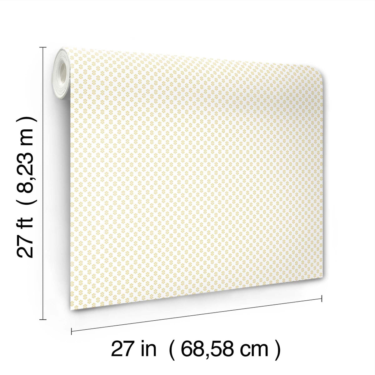 Brioni Floral Stamp Wallpaper by York Wallcoverings, featuring a yellow geometric pattern, measures 27 feet (8.23 m) in length and 27 inches (68.58 cm) in width, shown against a white background.