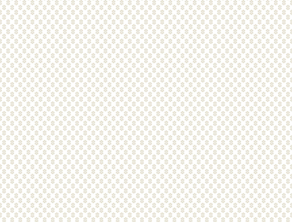 The Brioni Floral Stamp Wallpaper by York Wallcoverings features small, evenly spaced beige floral motifs arranged in a repeating pattern on a white background, creating a subtle and elegant wallcovering design.