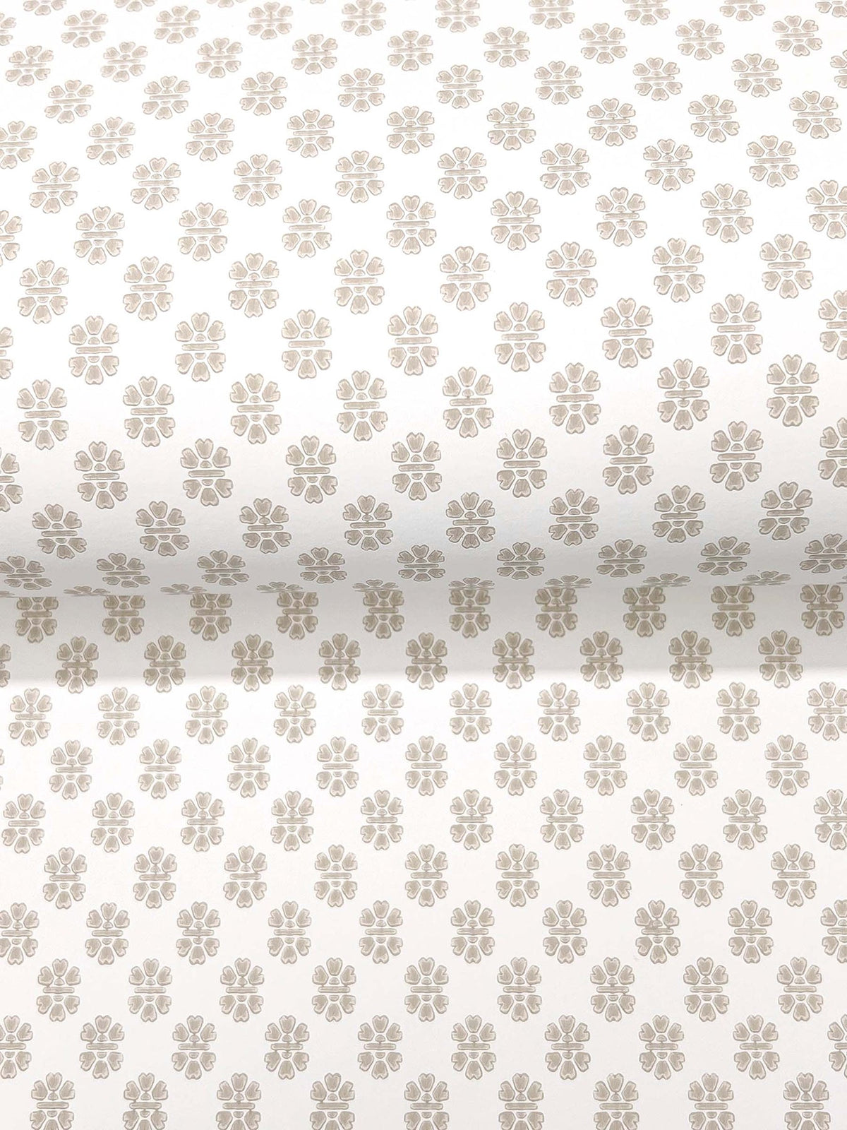 The Brioni Floral Stamp Wallpaper by York Wallcoverings features a neatly repeating pattern of beige four-petal floral shapes on a white background.