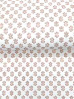 The Brioni Floral Stamp Wallpaper by York Wallcoverings features a repeating pattern of small, light brown floral designs on a white background, with the flowers evenly spaced in a grid-like arrangement.