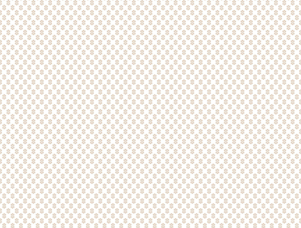 Brioni Floral Stamp Wallpaper by York Wallcoverings features a seamless pattern of small, light brown floral stamps evenly spaced on a white background.