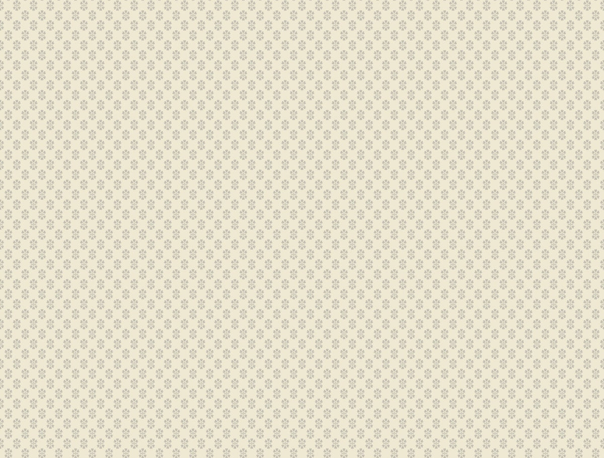 The Brioni Floral Stamp Wallpaper by York Wallcoverings features small, evenly spaced grey floral motifs on a light beige background for a subtle, vintage-inspired wallpaper effect.