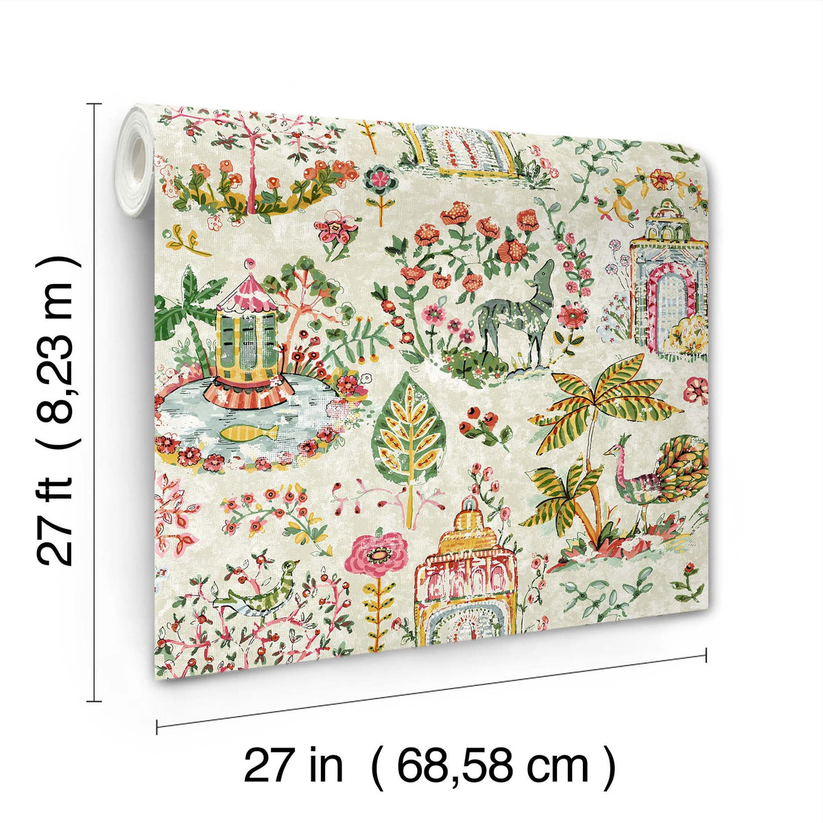 Introducing the Parc Garden Dreams Wallpaper by York Wallcoverings—a roll featuring vibrant floral patterns, charming animals, and enchanting garden scenes. Each roll measures 27 feet (8.23 m) in length and 27 inches (68.58 cm) in width.
