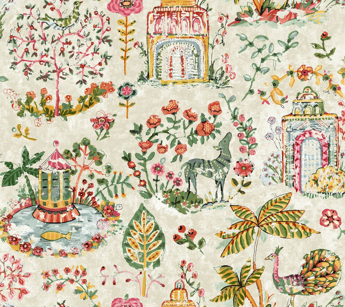Experience the charming Parc Garden Dreams Wallpaper by York Wallcoverings, featuring a whimsical illustration of colorful flowers, trees, ornate gates, a horse, peacock, birds, and a carousel on a cream background with watercolor-style patterns and botanical details.