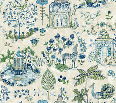 Introducing the Parc Garden Dreams Wallpaper by York Wallcoverings, featuring a whimsical watercolor design of blue and green floral motifs, ornate garden pavilions, a graceful deer, and an elegant peacock set against a cream background.