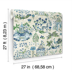 The Parc Garden Dreams Wallpaper by York Wallcoverings features blue and green floral, bird, and animal patterns on a white background, and comes in a roll measuring 27 feet by 27 inches (8.23 m by 68.58 cm).