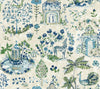 Parc Garden Dreams Wallpaper by York Wallcoverings showcases a whimsical, hand-painted watercolor design with blue and green flowers, a peacock, a dog, leafy plants, ornate pavilions, and arches set against a light beige background.