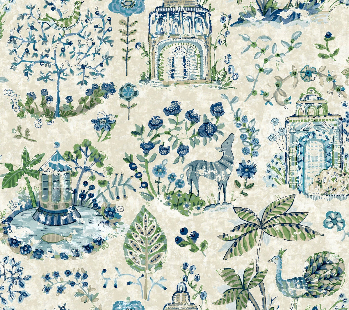 Parc Garden Dreams Wallpaper by York Wallcoverings showcases a whimsical, hand-painted watercolor design with blue and green flowers, a peacock, a dog, leafy plants, ornate pavilions, and arches set against a light beige background.