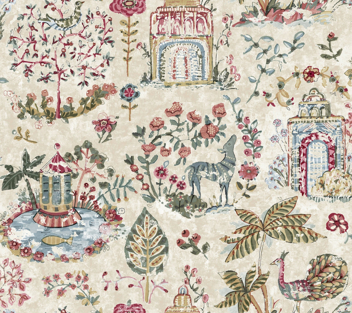Parc Garden Dreams Wallpaper by York Wallcoverings features a whimsical, hand-painted vintage design with flowers, a peacock, a horse, and colorful pavilions on a beige background.