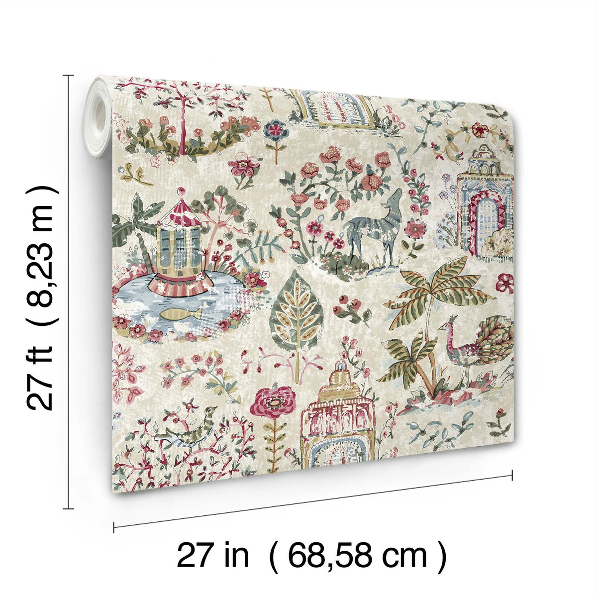 A roll of York Wallcoverings’ “Parc Garden Dreams Wallpaper,” measuring 27 feet by 27 inches (68.58 cm), is displayed upright, featuring colorful patterns of birds, flowers, trees, and deer on a cream background.