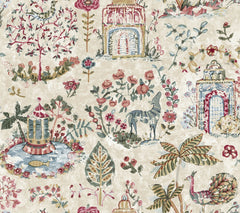 Parc Garden Dreams Wallpaper by York Wallcoverings features a vintage, hand-painted style with colorful flowers, trees, ornate arches, a peacock, horse, and charming pond scene on a beige background.