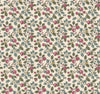 Introducing the Framboise Berry Vines Wallpaper by York Wallcoverings—a vintage-style seamless floral pattern featuring red and white flowers, green leaves, and winding stems elegantly set against a beige background, with a uniformly repeating design.