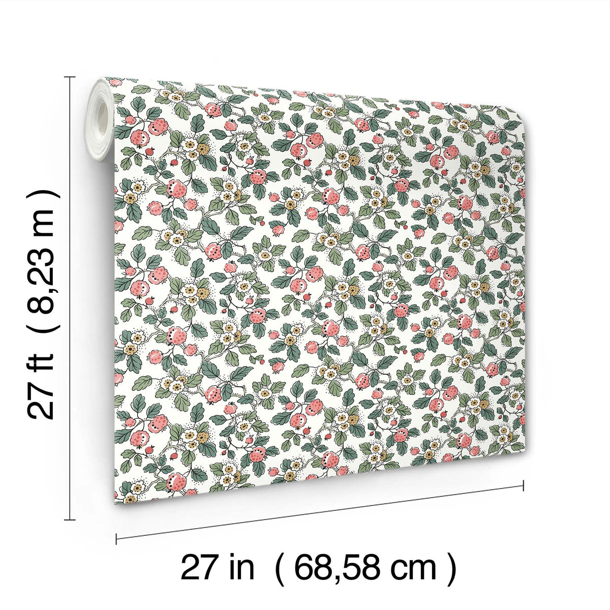 A roll of Framboise Berry Vines Wallpaper by York Wallcoverings featuring pink and white flowers with green leaves. The dimensions are 27 feet (8.23 meters) long and 27 inches (68.58 centimeters) wide.