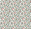 Framboise Berry Vines Wallpaper by York Wallcoverings features a seamless pattern of strawberries, green leaves, and white flowers with yellow centers, densely arranged on a light background for a vintage botanical look.