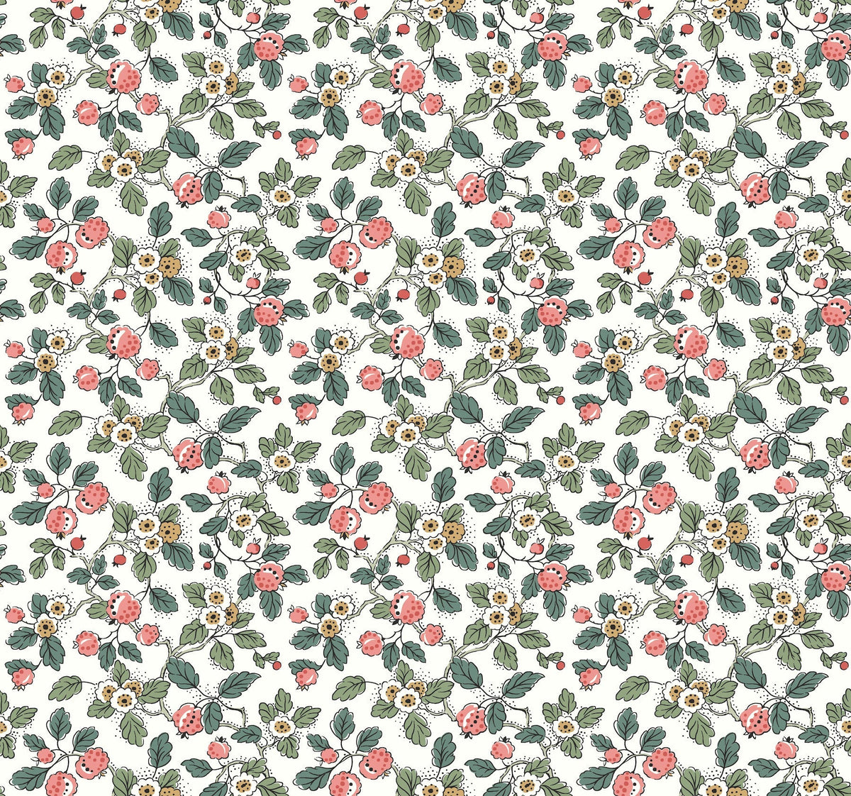 Framboise Berry Vines Wallpaper by York Wallcoverings features a seamless pattern of strawberries, green leaves, and white flowers with yellow centers, densely arranged on a light background for a vintage botanical look.