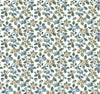 Introducing the Framboise Berry Vines Wallpaper by York Wallcoverings, featuring a seamless pattern of small blue and white flowers intertwined with green leaves and berries on a light background. The dense, evenly distributed design evokes a vintage botanical wallpaper effect, perfect for adding timeless charm to any room.