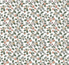 Introducing the Framboise Berry Vines Wallpaper by York Wallcoverings—a detailed botanical design featuring orange and white flowers, green leaves, and delicate small berries set against a light background. This seamless, densely arranged floral pattern evokes a vintage, nature-inspired aesthetic for any space.