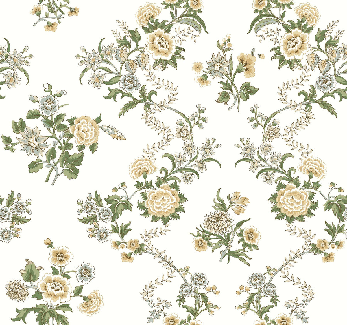 Genevieve Floral Trail Wallpaper by York Wallcoverings showcases an intricate, vintage-inspired floral pattern with beige and white flowers intertwined with green leaves and vines on a light background, creating an elegant and classic look.