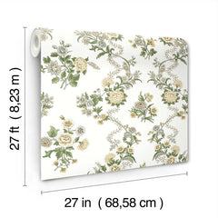 Genevieve Floral Trail Wallpaper by York Wallcoverings features a pattern of green and yellow flowers on a white background. Each roll measures 27 feet in length and 27 inches (68.58 cm) in width.