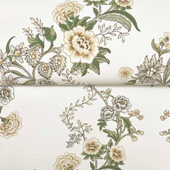 Genevieve Floral Trail Wallpaper by York Wallcoverings features a light background adorned with green leaves and beige, white, and taupe flowers in an intricate, classic botanical pattern that repeats throughout the design.