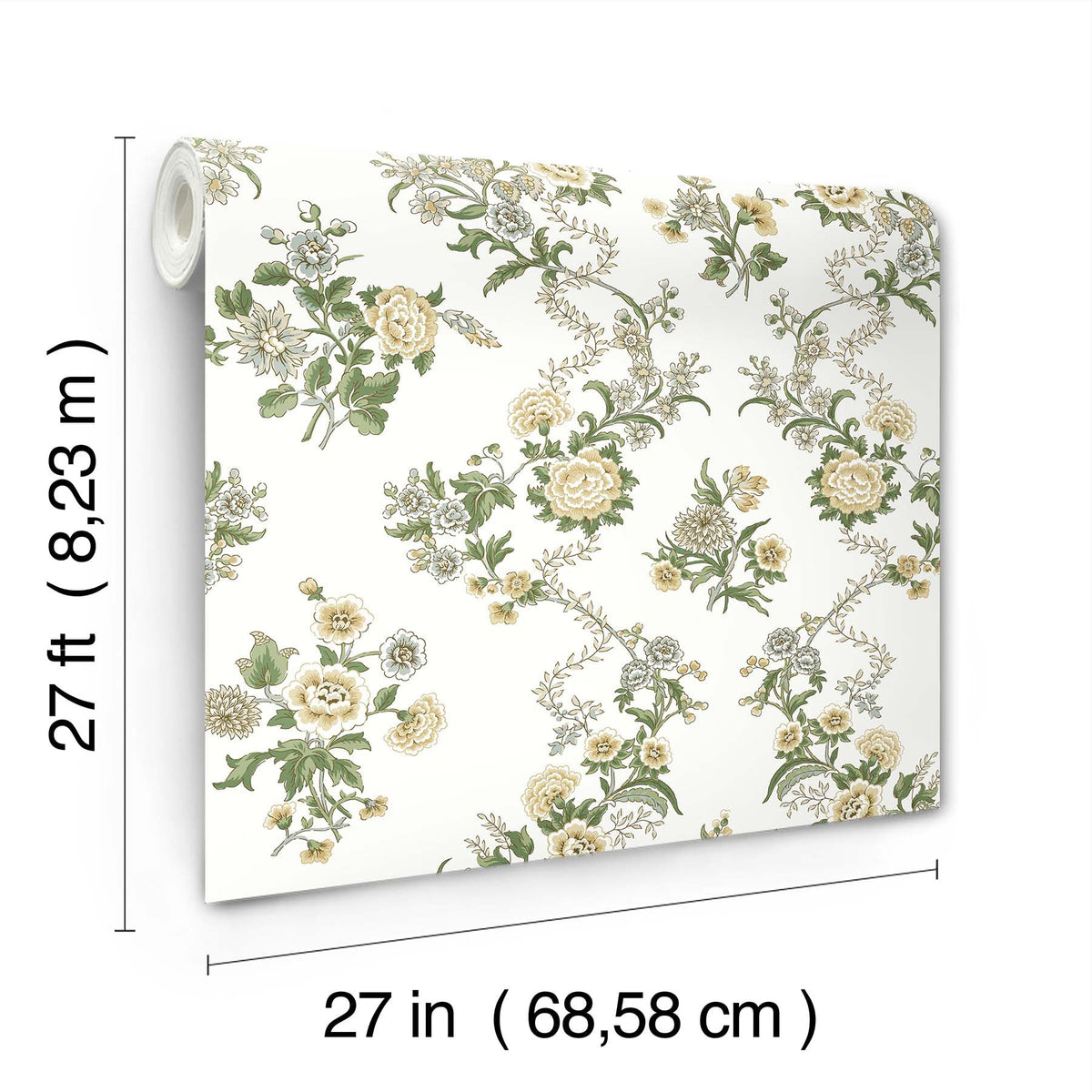 Genevieve Floral Trail Wallpaper by York Wallcoverings features green and beige flowers on a white background and comes in a roll measuring 27 feet long and 27 inches (68.58 cm) wide.
