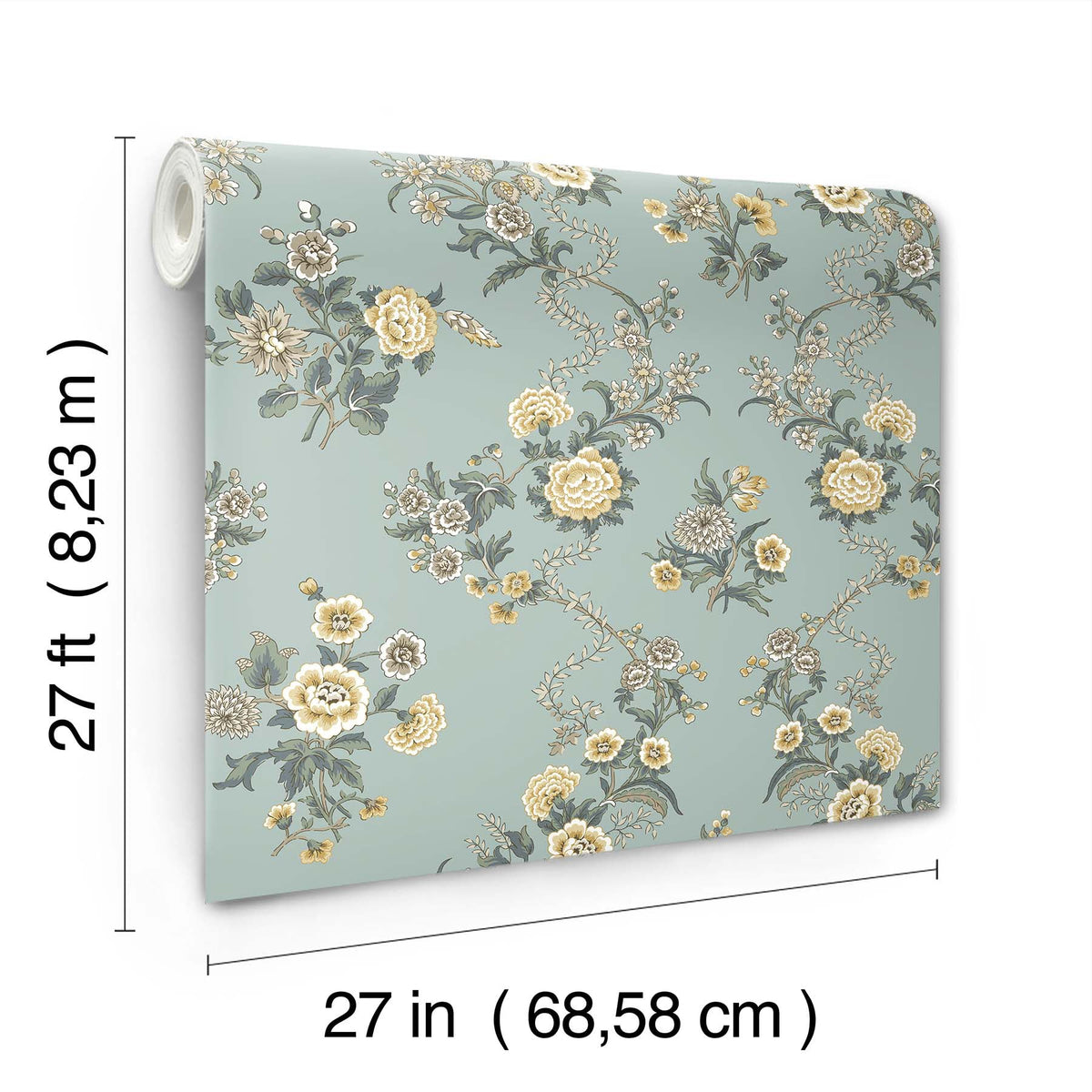 Genevieve Floral Trail Wallpaper by York Wallcoverings features a blue-green background adorned with yellow, white, and gray flowers. Each roll measures 27 feet long by 27 inches wide (8.23 meters by 68.58 centimeters).