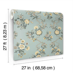 Genevieve Floral Trail Wallpaper by York Wallcoverings features a blue-green background adorned with yellow, white, and gray flowers. Each roll measures 27 feet long by 27 inches wide (8.23 meters by 68.58 centimeters).