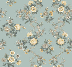 The Genevieve Floral Trail Wallpaper by York Wallcoverings showcases a seamless pattern of vintage yellow and white flowers with green leaves, intricately and symmetrically arranged on a light blue background.