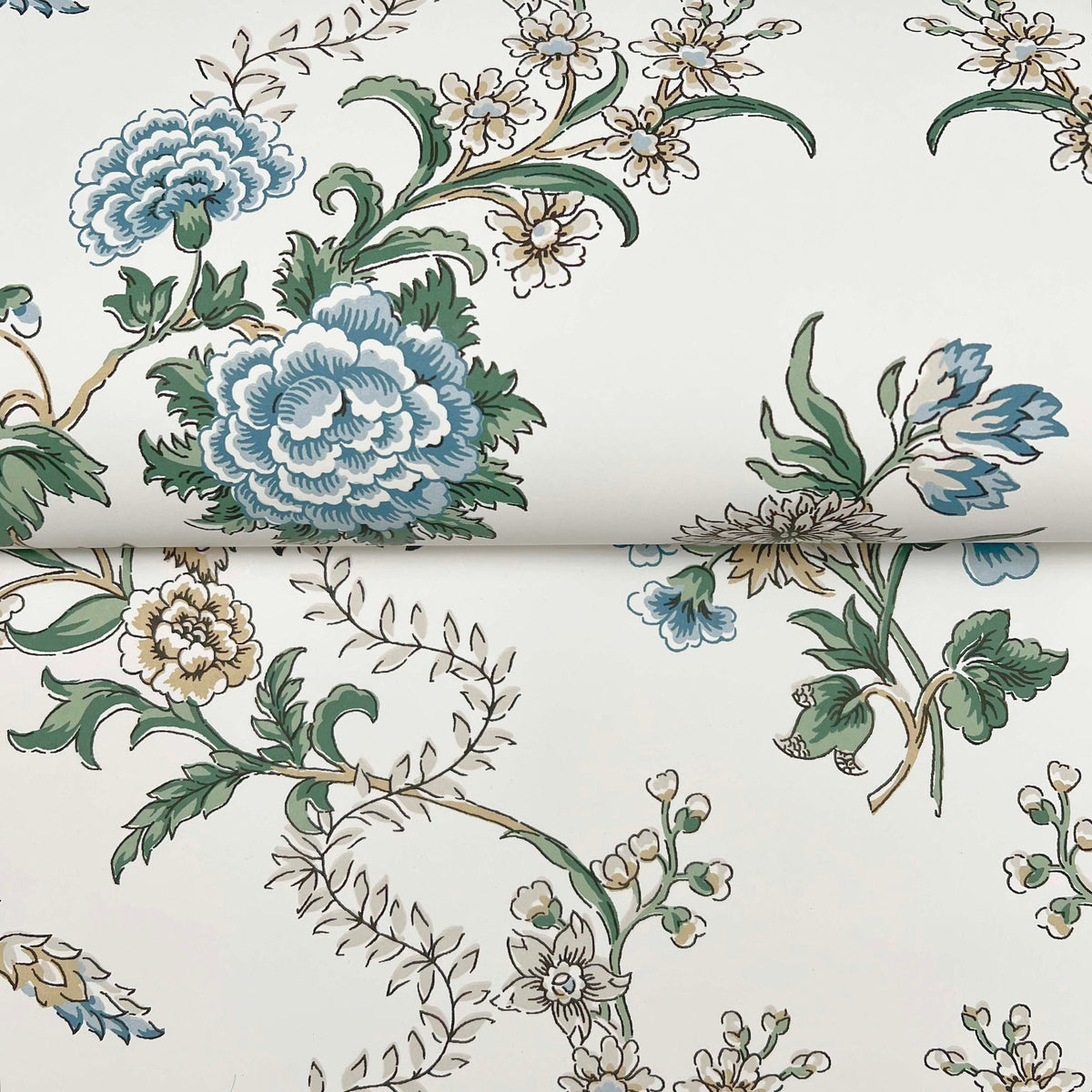 Genevieve Floral Trail Wallpaper by York Wallcoverings features blue, green, and beige flowers and leaves on a white background. Its repeating pattern offers an elegant, vintage-inspired style.
