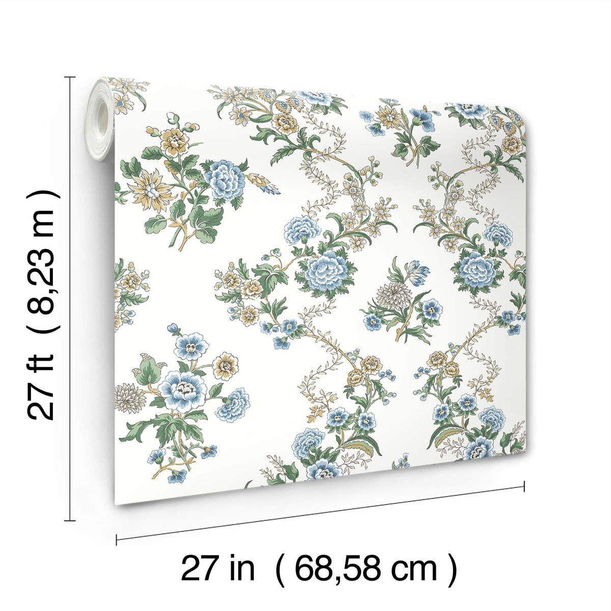 The Genevieve Floral Trail Wallpaper by York Wallcoverings is shown, featuring blue, yellow, and green flowers. The roll measures 27 feet (8.23 meters) long and 27 inches (68.58 cm) wide.