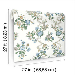 The Genevieve Floral Trail Wallpaper by York Wallcoverings is shown, featuring blue, yellow, and green flowers. The roll measures 27 feet (8.23 meters) long and 27 inches (68.58 cm) wide.