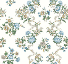 Genevieve Floral Trail Wallpaper by York Wallcoverings features a seamless pattern of vintage blue, yellow, and white flowers with green leaves on a cream background, showcasing intricate, symmetrical floral arrangements and delicate vines.