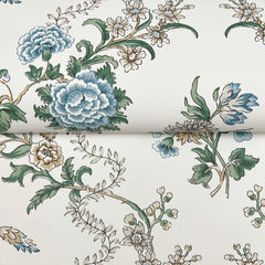 Introducing the Genevieve Floral Trail Wallpaper by York Wallcoverings—a white wallpaper roll featuring an intricate, vintage-inspired floral pattern adorned with blue, yellow, and white flowers and green leaves.